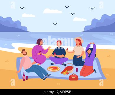 Group of happy cartoon friends having picnic on beach. Smiling men and women eating and drinking outside near ocean, people having lunch on sea shore Stock Vector