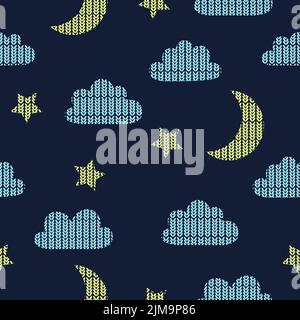 Seamless night sky pattern with knitted moon, clouds and stars. Vector illustration. Stock Vector