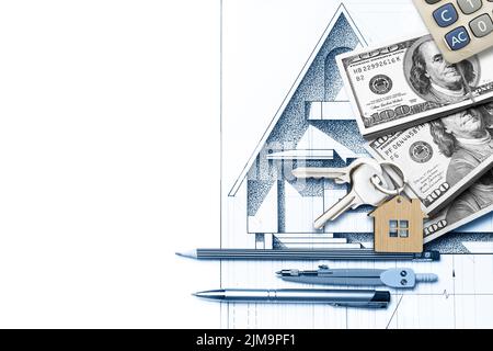 Plan of the future house with with bundles of dollar bills and house keys Stock Photo