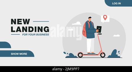 Man riding kick scooter and checking location on online map. Person using application on tablet flat vector illustration. Navigation, technology conce Stock Vector