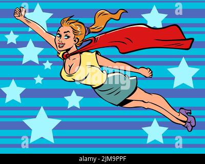 female superhero, girl in red cape flying, help, feminism female power Stock Vector