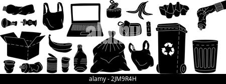 Set of different types garbage. Plastic, glass, metal, paper, organic waste illustration. Unsorted garbage set isolated on white background. Stock Vector