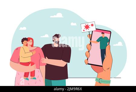 Online medical report about corona virus for tiny family. Hand holding mobile phone with man on screen flat vector illustration. News, medicine concep Stock Vector
