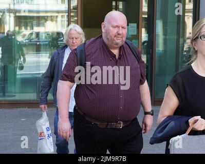Former church official Martin Sargeant, 52 , of Dudley, in the West Midlands, leaves Westminster Magistrates' Court, London, where he appeared charged with fraud and money laundering approximately £5.2 million from the Church of England's Diocese of London. Picture date: Friday August 5, 2022. Stock Photo