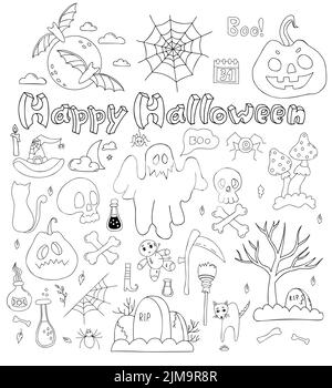 Big set of doodles Happy Halloween. Jack pumpkin, ghost, bat and skull and crossbones, graveyard, grave, fly agaric and witchs potion. Vector isolated Stock Vector