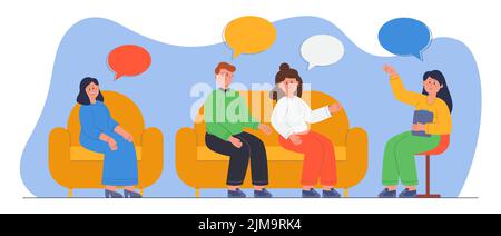 People on group psychotherapy session flat vector illustration. Psychologist talking with patients, discussing life problems. Man and women taking car Stock Vector