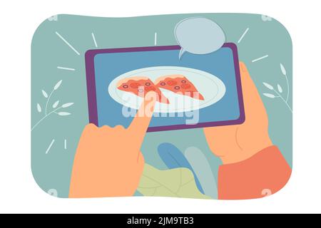 Pizza slices on tablet screen flat vector illustration. Man ordering fast food online using digital device and phone application. Food, delivery conce Stock Vector