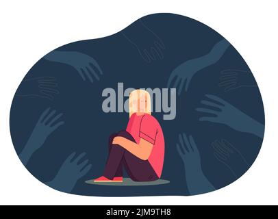 Spooky hands creeping towards sad girl sitting on floor. Depressed teenager scared of abuse flat vector illustration. Fear, bullying, violence concept Stock Vector