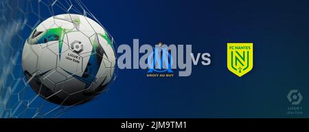 Guilherand-Granges, France - August 05, 2022. Ligue 1 of France. Soccer ball in net with official logo of the Ligue 1. Match : Olympique de Marseille Stock Photo