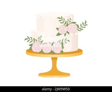 Wedding cake decorated with flowers on gold stand vector illustration isolated on white background Stock Vector