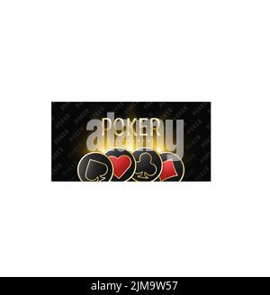 Poker tournament banner. Poker logo with playing card suit chips. Clubs, diamonds, spades, hearts on a black background. Vector illustration. Stock Vector