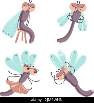 Set of adorable cartoon dragonfly character sitting on chair, getting angry, greeting Stock Vector