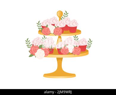Wedding cakes decorated with rose flowers on gold stand vector illustration isolated on white background Stock Vector