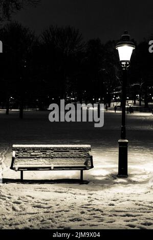 A lone bench under a lamp in Humlegarden, Stockholm, Sweden Stock Photo