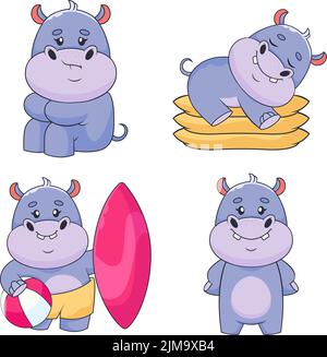 Set of cute hand-drawn comic hippos with sad expression, sleeping on pillows, surfing, smiling Stock Vector