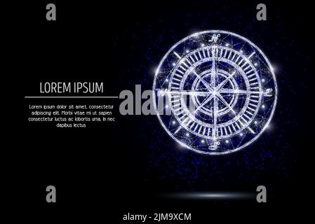 Compass rose low poly wireframe mesh made of points, lines and shapes. Vector polygonal art style design. Poster banner template with copy space. Stock Vector