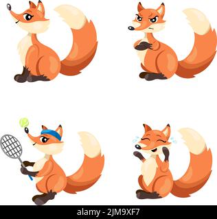 Set of cute hand-drawn foxes smiling, getting angry, playing badminton, laughing tears Stock Vector