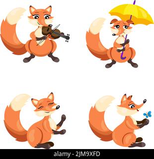 Set of cute hand-drawn foxes playing violin, holding umbrella, smiling, playing with butterfly Stock Vector