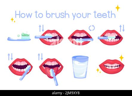 Instruction on how to brush teeth cartoon illustration set. Poster with step by step scheme of proper oral cleaning with toothpaste on toothbrush and Stock Vector
