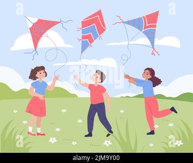 Kids flying kites on lawn flat vector illustration. Happy boy and girls playing together outdoor, having fun in summer park. Entertainment, friendship Stock Vector