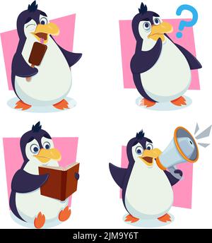 Set of cute hand-drawn penguins eating eskimo, asking questions, reading book, talking with megaphone Stock Vector
