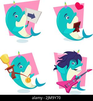 Set of cute hand-drawn narwhals showing direction, holding photo, wearing golden medal, playing electric guitar Stock Vector