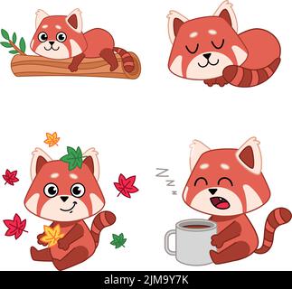 Set of cute hand-drawn red pandas lying on tree, sleeping, holding leaf, drinking coffee Stock Vector