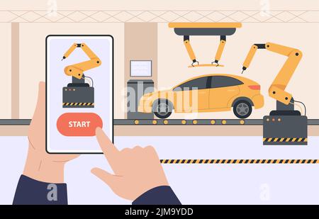 Man controlling conveyers work using phone. Operator or supervisor holding smartphone in hands, using application to control production process flat v Stock Vector