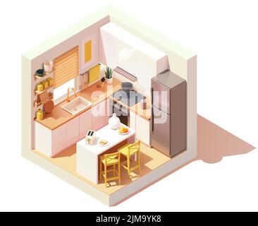 Vector isometric modern kitchen room. Kitchen with island and chairs, modern furniture, stove, oven, refrigerator. Stock Vector