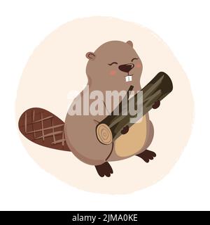 Cute cartoon beaver with log. Vector illustration. Stock Vector