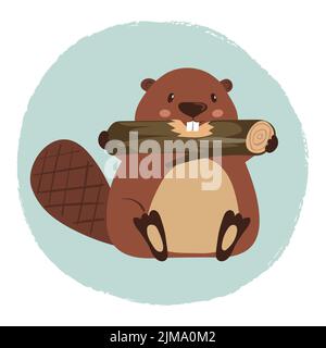 Cute cartoon beaver with log. Vector illustration for kids Stock Vector