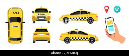 Taxi service elements vector illustrations set. Taxi cab top, side, back and front view, location marks, hand holding phone, yellow car isolated on wh Stock Vector