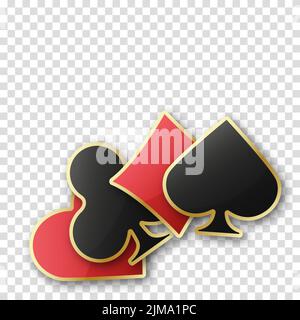 Hearts, diamonds, clubs and spades chips sign icon. Vector illustration chips on transparent background. Glossy playing card suit symbol with gold bor Stock Vector