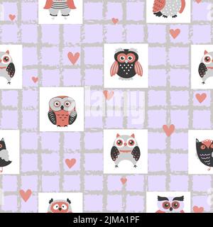 Seamless baby pattern with cute owls. Cartoon birds vector illustration for kids Stock Vector