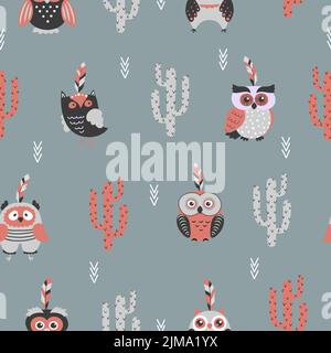 Seamless baby pattern with cute owls and cactus. Cartoon vector illustration Stock Vector