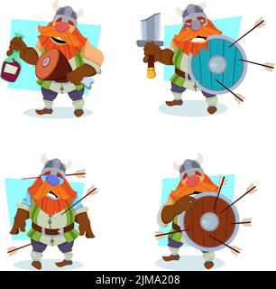Set of cartoon viking character holding bottle of wine and knuckle, shield with arrows in it Stock Vector