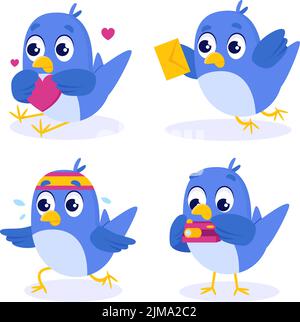 Set of cute hand-drawn blue birds holding heart, carrying letter, jogging, taking photos Stock Vector