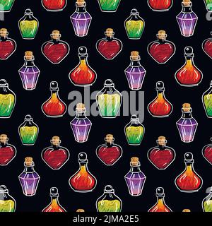 Hand drawn vector seamless pattern of glass bottles with colorful magic potion, witchcraft Stock Vector