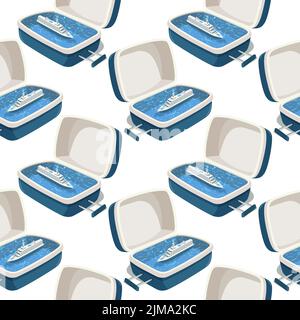 Seamless vector pattern of a cruise ship in an open suitcase Stock Vector