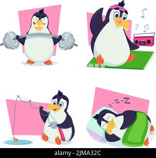 Set of cute hand-drawn penguins lifting barbell, stretching to music, fishing, sleeping Stock Vector