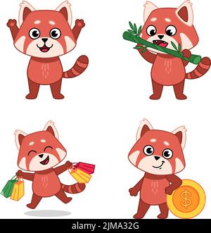 Set of cute hand-drawn red pandas raising hands, crunching bamboo, shopping, standing at coin Stock Vector