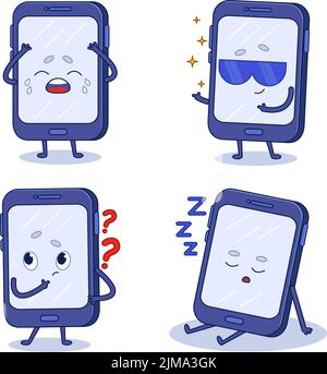 Set of cute hand-drawn mobile phones crying, wearing sunglasses, asking questions, sleeping Stock Vector