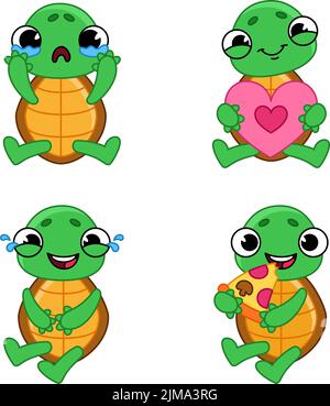 Set of cute hand-drawn turtles crying, holding heart, laughing tears, eating pizza Stock Vector