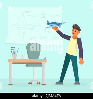 Young man holding model of airplane. Vector illustration in flat style. Scale model building, model aircraft hobby concept design element. Stock Vector