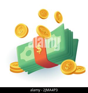 Stack of money and gold coins 3d cartoon style icon. Coins with dollar sign, wad of cash, currency flat vector illustration. Wealth, investment, succe Stock Vector