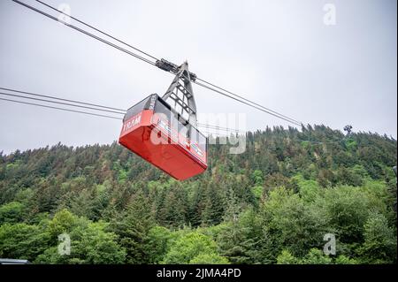 Juneau, Alaska - July 27, 2022: View of the tram in Juneau that travels from the cruise port to the top of Mount Roberts. Stock Photo