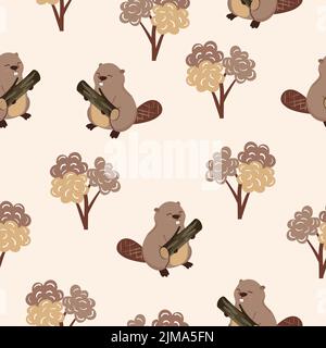 Cute beavers and trees seamless pattern for kids. Stock Vector