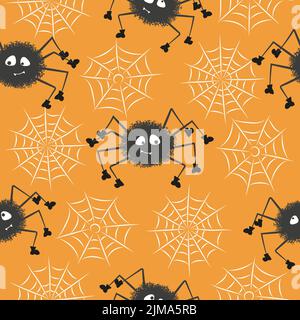 Cute spiders and spider webs. Halloween seamless pattern, vector illustration. Stock Vector
