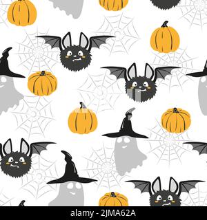 Halloween pattern with cute black bats, ghosts and pumpkins Stock Vector