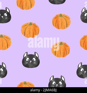 Seamless Halloween pattern with cute black cats and pumpkins Stock Vector
